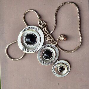 Boho Tribal-Inspired Silver Tone Necklace with Black Stone Accents